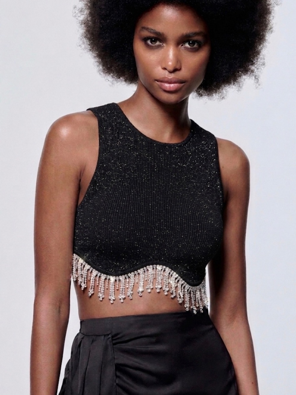 Zara Black Rhinestone Beaded Fringe Crop Top Size M/L